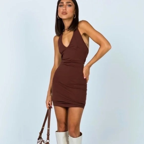 Princess Polly | women's small Chocolate Mini halter dress with deep v-neck - Picture 1 of 6